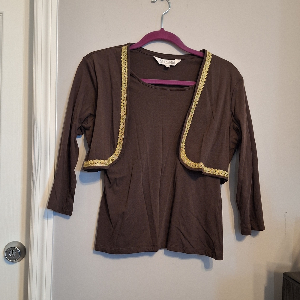 Vintage Uniform John Paul Richard Chocolate Brown Top W/ Gold Accent Faux Vest